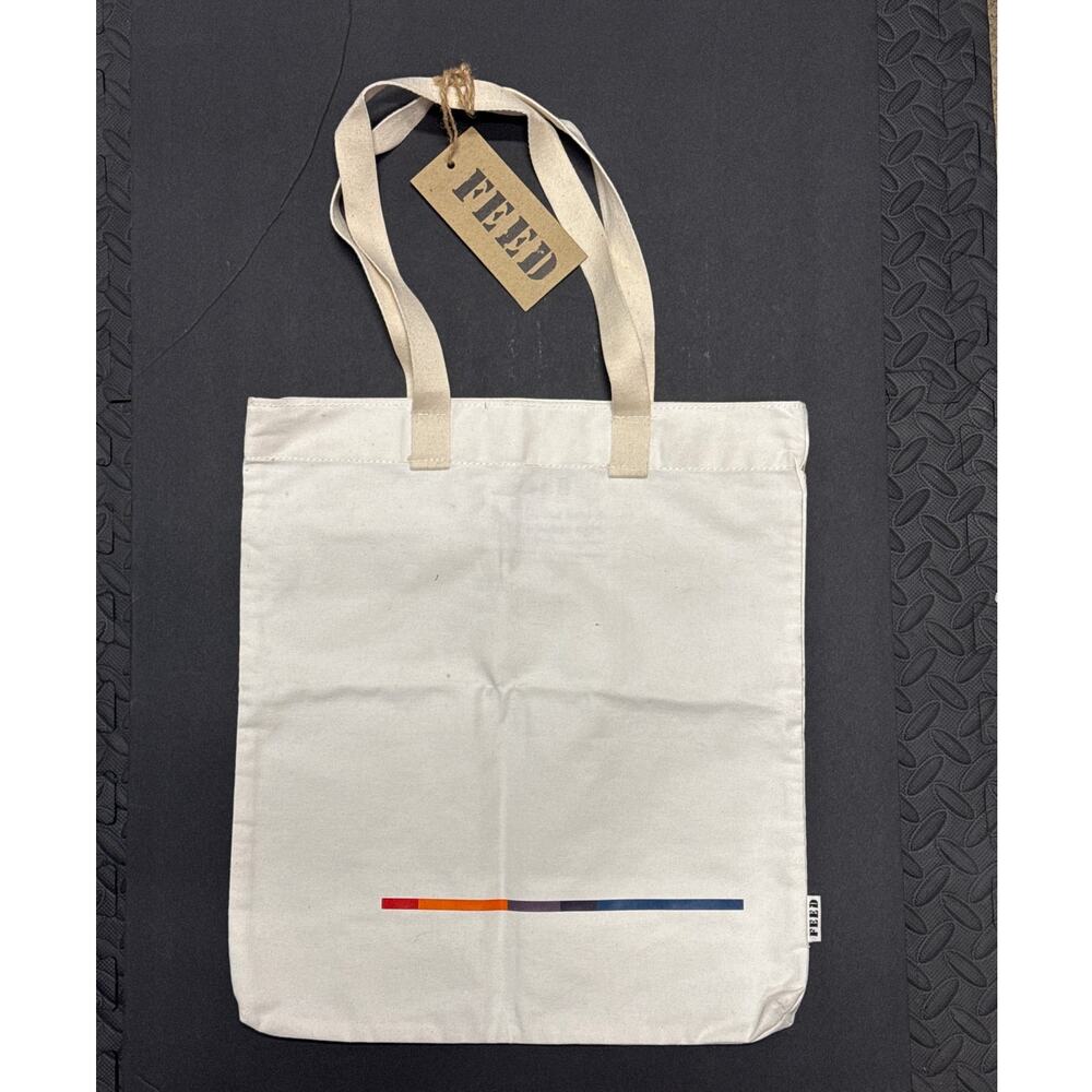 NWT FEED Project Essential Book Tote Bag Ivory Multi Stripe Logo Handles 15x16.5